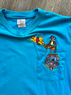581 -Teal Embroidered WTP, Tigger, & Eeyore Wheelbarrow Pocket Tee - L