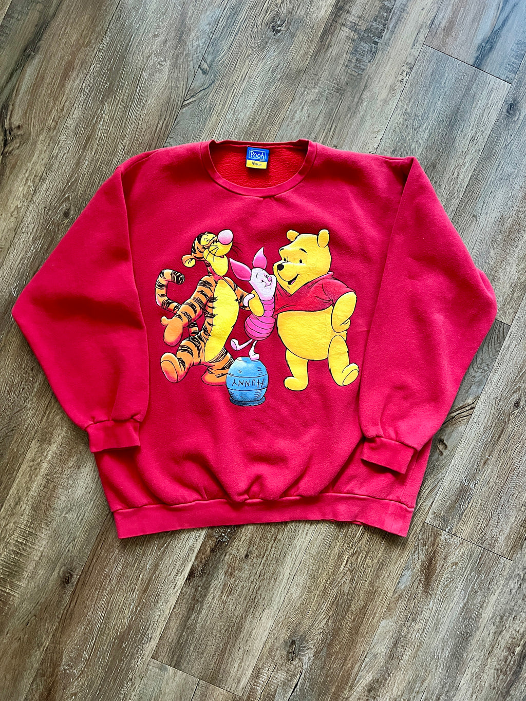 592 -Red WTP, Tigger, & Piglet Standing on Hunny Pot Crewneck - XL