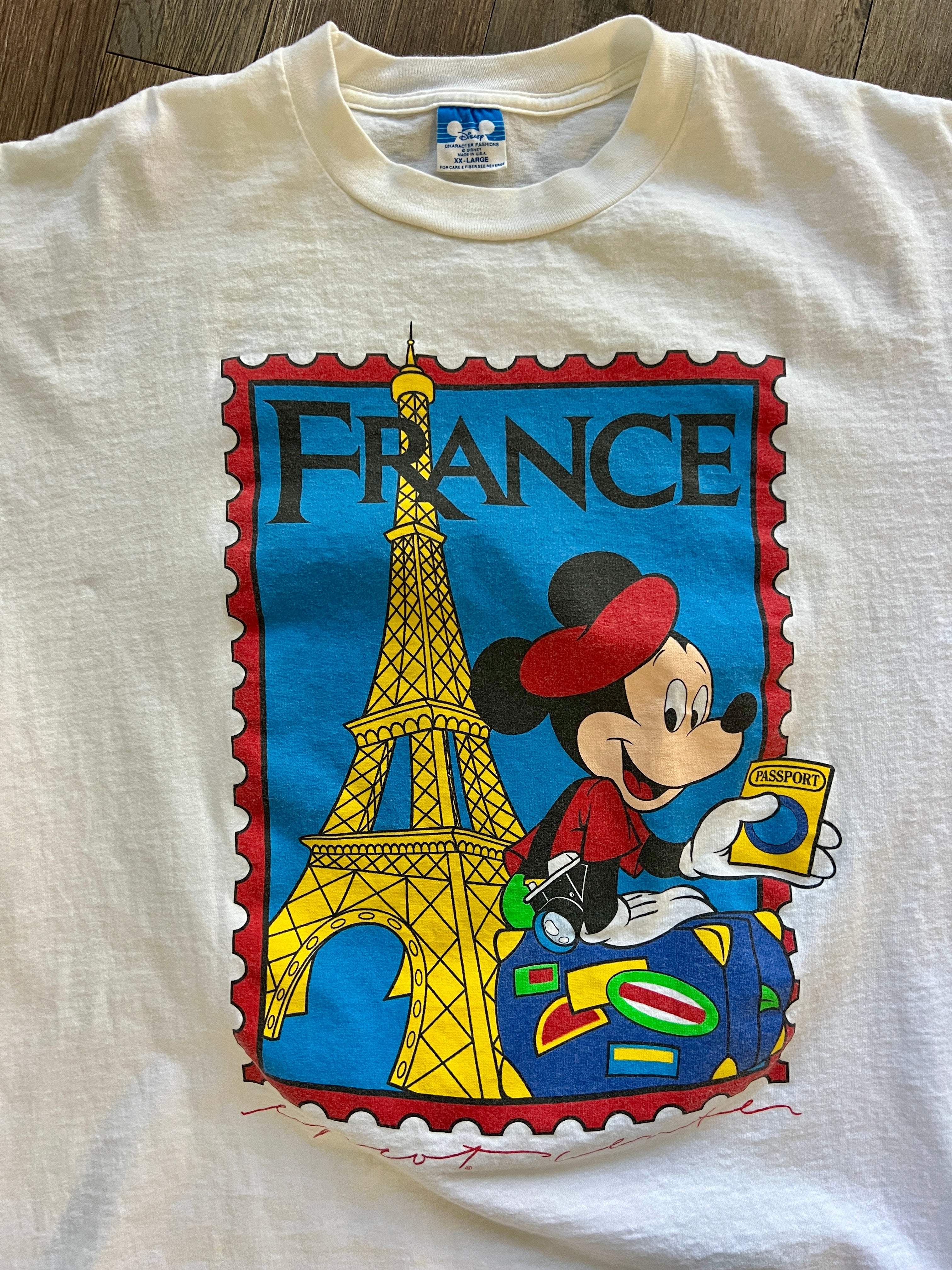 1134 -White Mickey France Passport Stamp Shirt - 2X