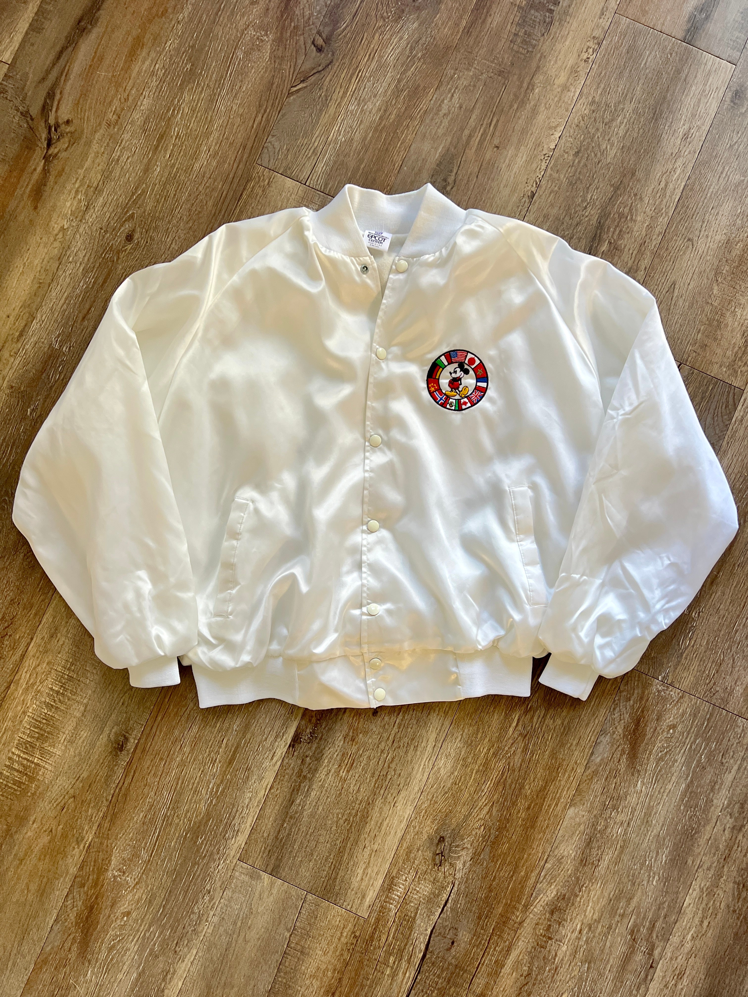 1140 -White Embroidered Mickey EPCOT Country Pocket Logo Satin Bomber - M