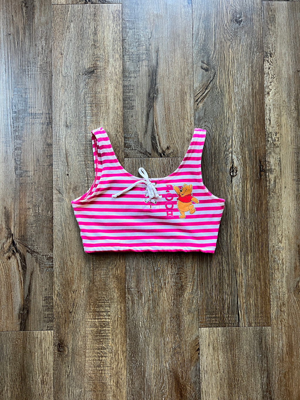 67 - Pink & White Striped WTP Tie Crop Tank - M