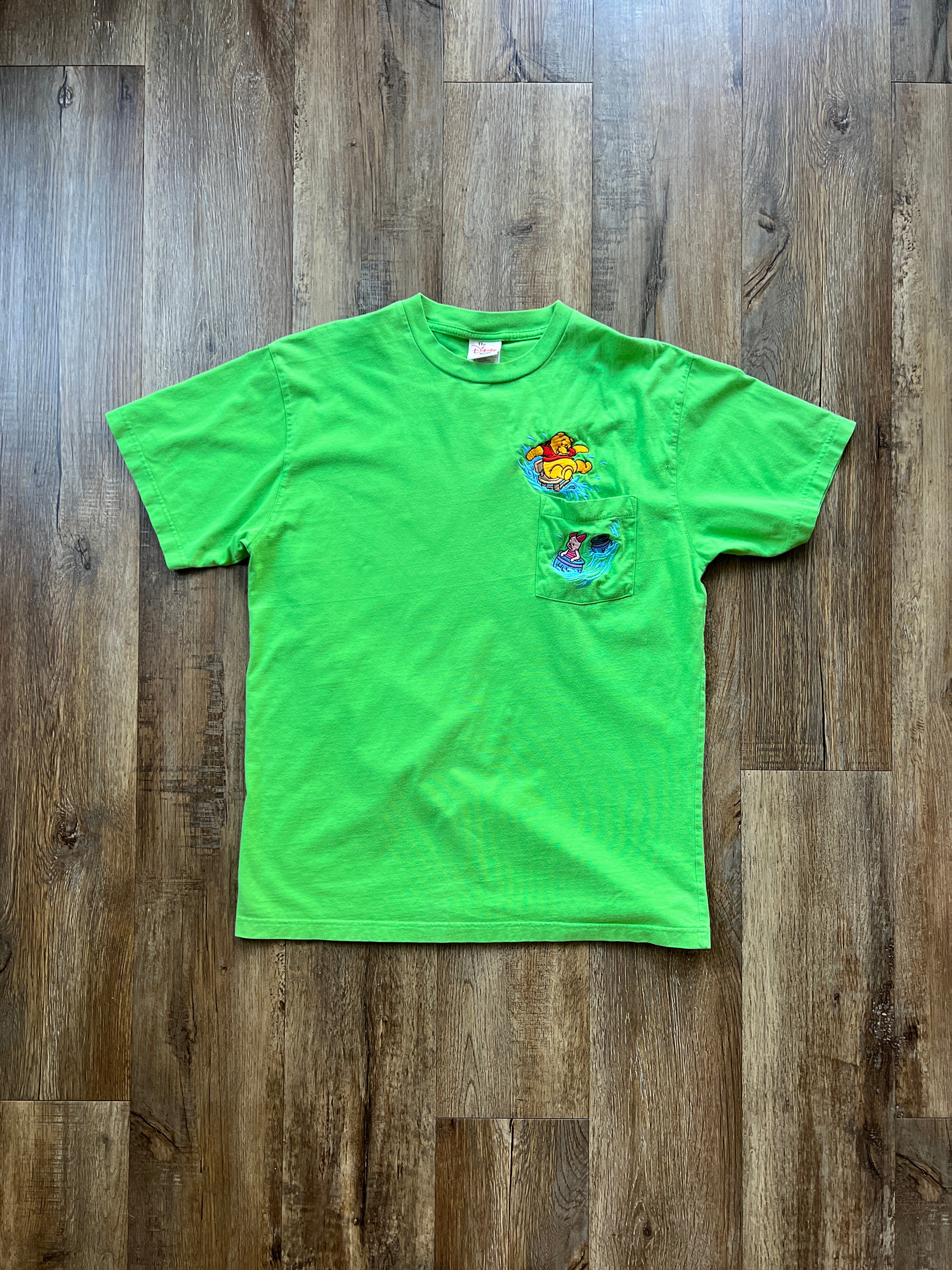 72 -Green Piglet & Pooh Flood Embroidered Pocket Tee - L