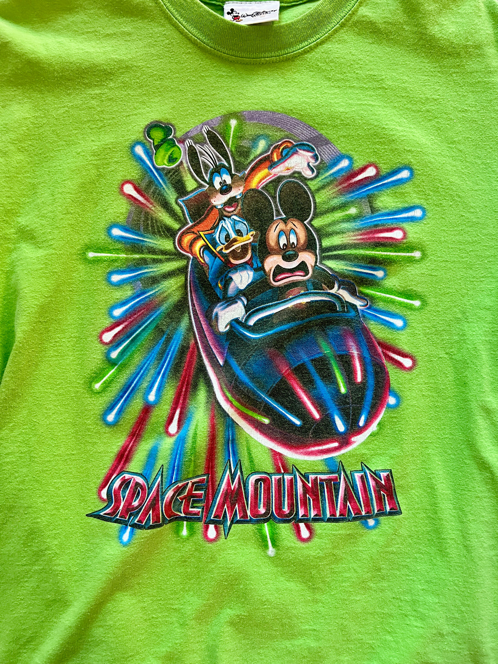 1167 -Lime Green Mickey, Goofy, Donald Space Mountain Front & Back Hit Shirt - M