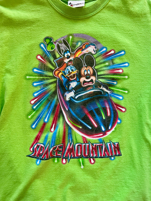 1167 -Lime Green Mickey, Goofy, Donald Space Mountain Front & Back Hit Shirt - M