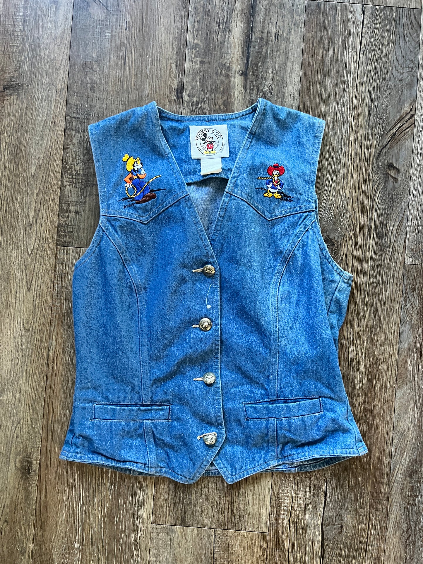 623 -Denim Embroidered Cowboy Donald & Goofy Button Up Vest - M