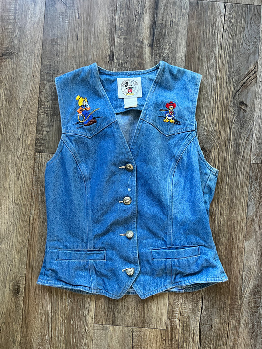 623 -Denim Embroidered Cowboy Donald & Goofy Button Up Vest - M