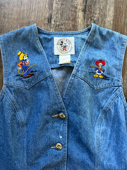 623 -Denim Embroidered Cowboy Donald & Goofy Button Up Vest - M