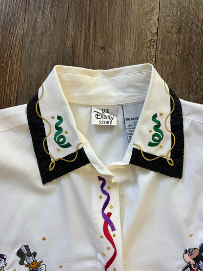 628 -White Embroidered Daisy, Donald, Mickey, Minnie Party Button Up - L