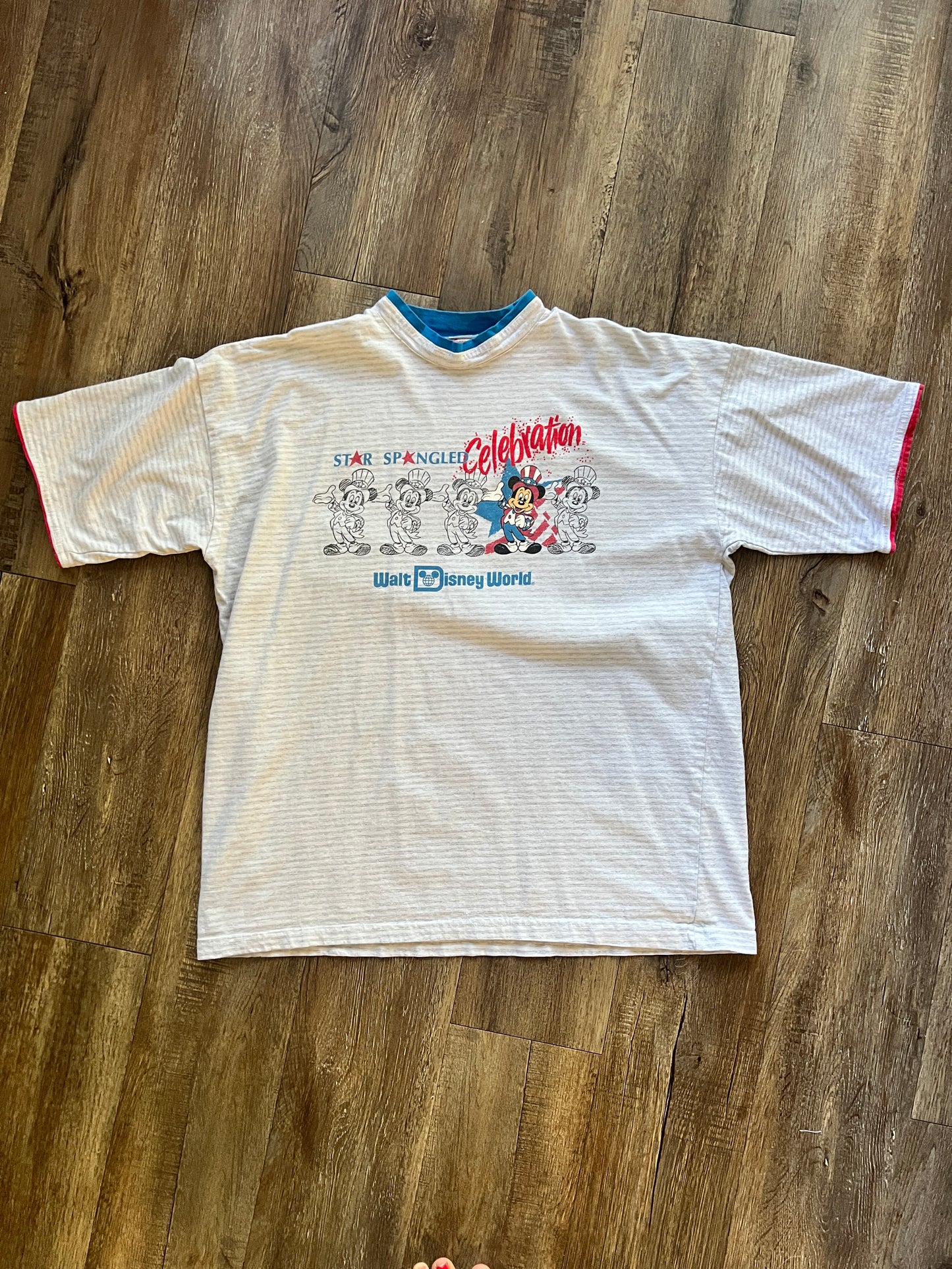 634 -Grey Striped Star Spangled Celebration Mickey WDW Logo Tee