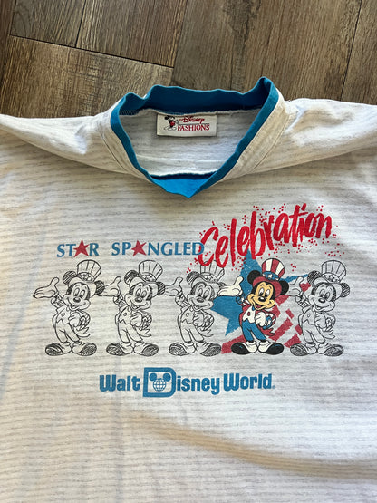 634 -Grey Striped Star Spangled Celebration Mickey WDW Logo Tee