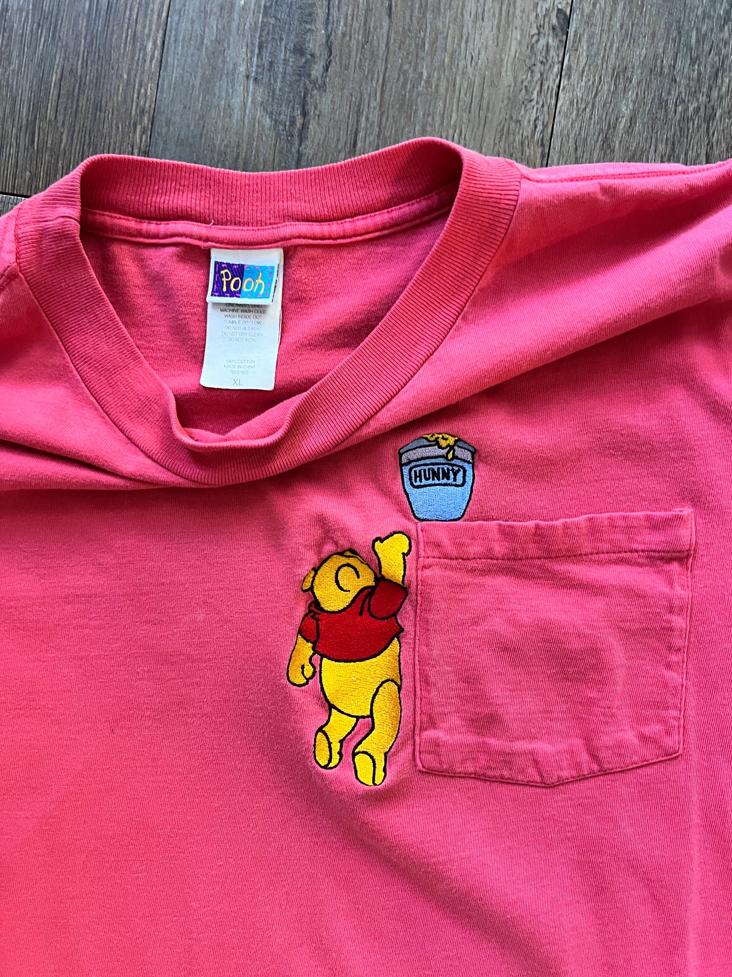 637 -Red Embroidered WTP Reaching for Hunny Pot Pocket Tee - XL