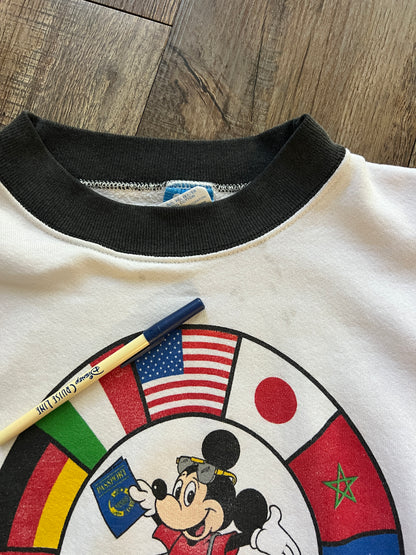 653 -White EPCOT World Traveler Mickey Striped Sleeve Crewneck - L