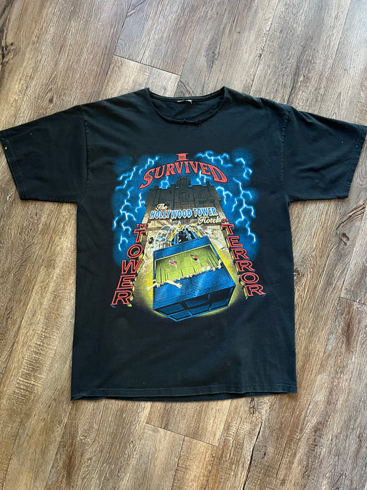 691 -Black I Survived Tower of Terror Drop Tee - Thrashed Neck - L