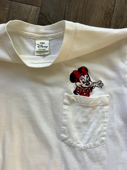 701 -White Embroidered Minnie Mouse Waving Pocket Tee - M