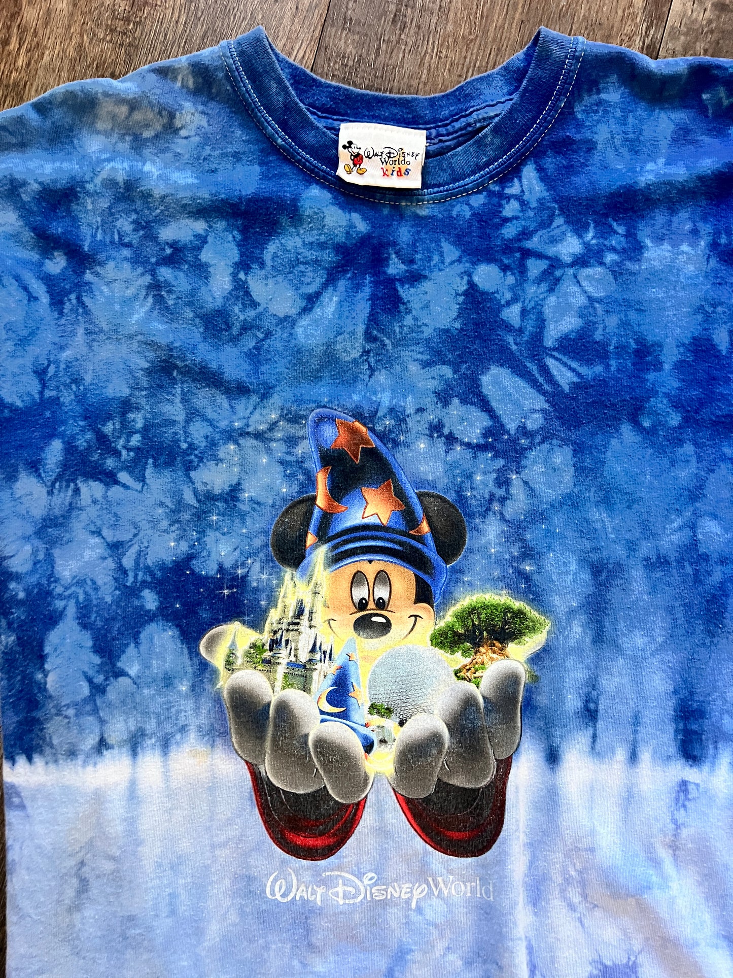 709 -Blue Tie-Dye Sorcerer Mickey 4 Parks WDW Logo Tee - M