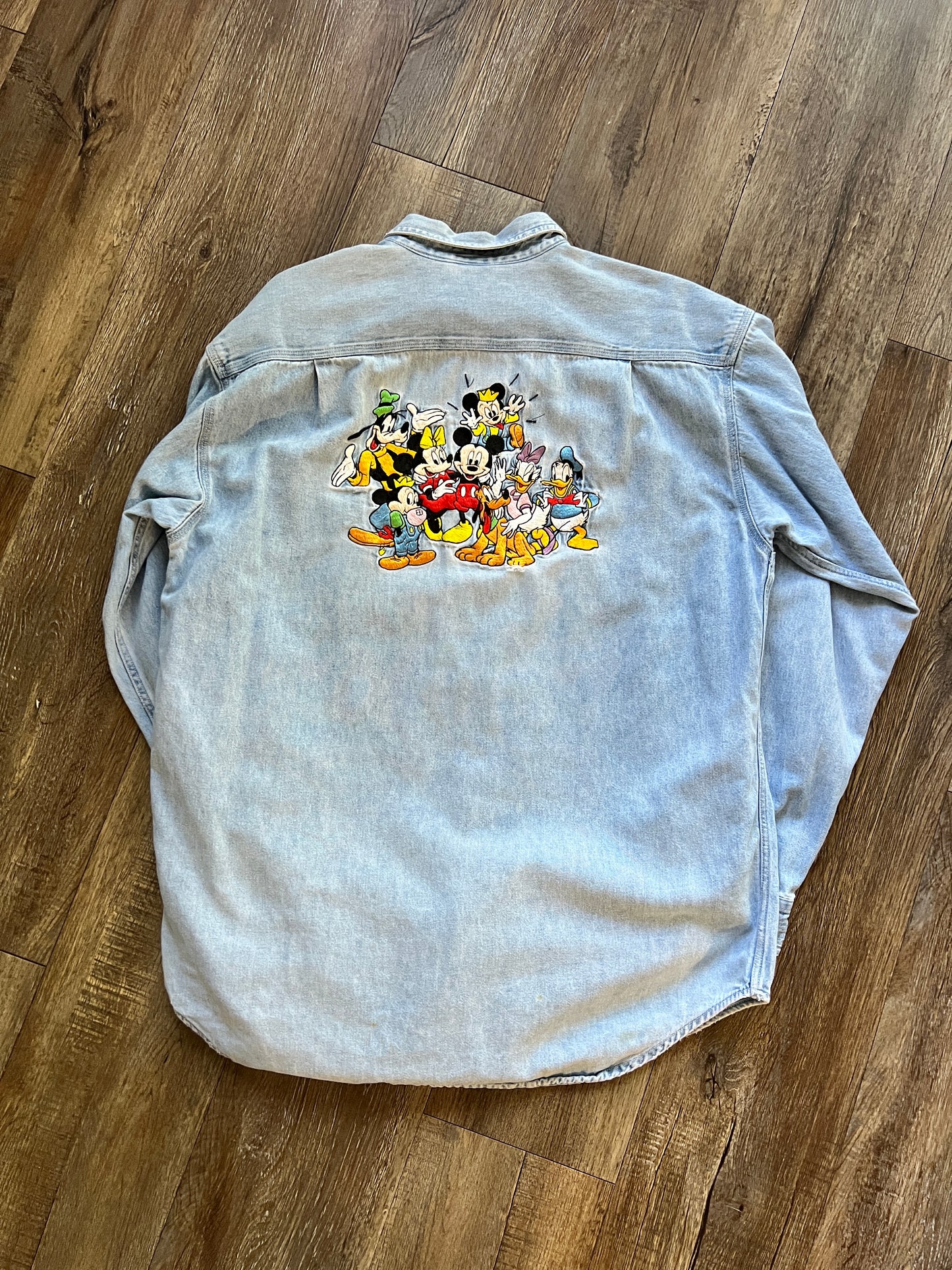 720 -Denim Embroidered Mickey & Friends Back Hit Button Up - L