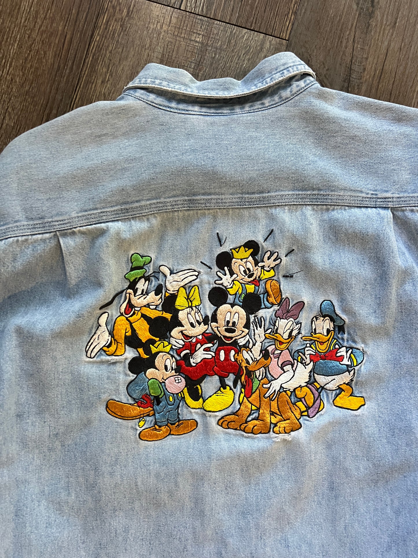 720 -Denim Embroidered Mickey & Friends Back Hit Button Up - L