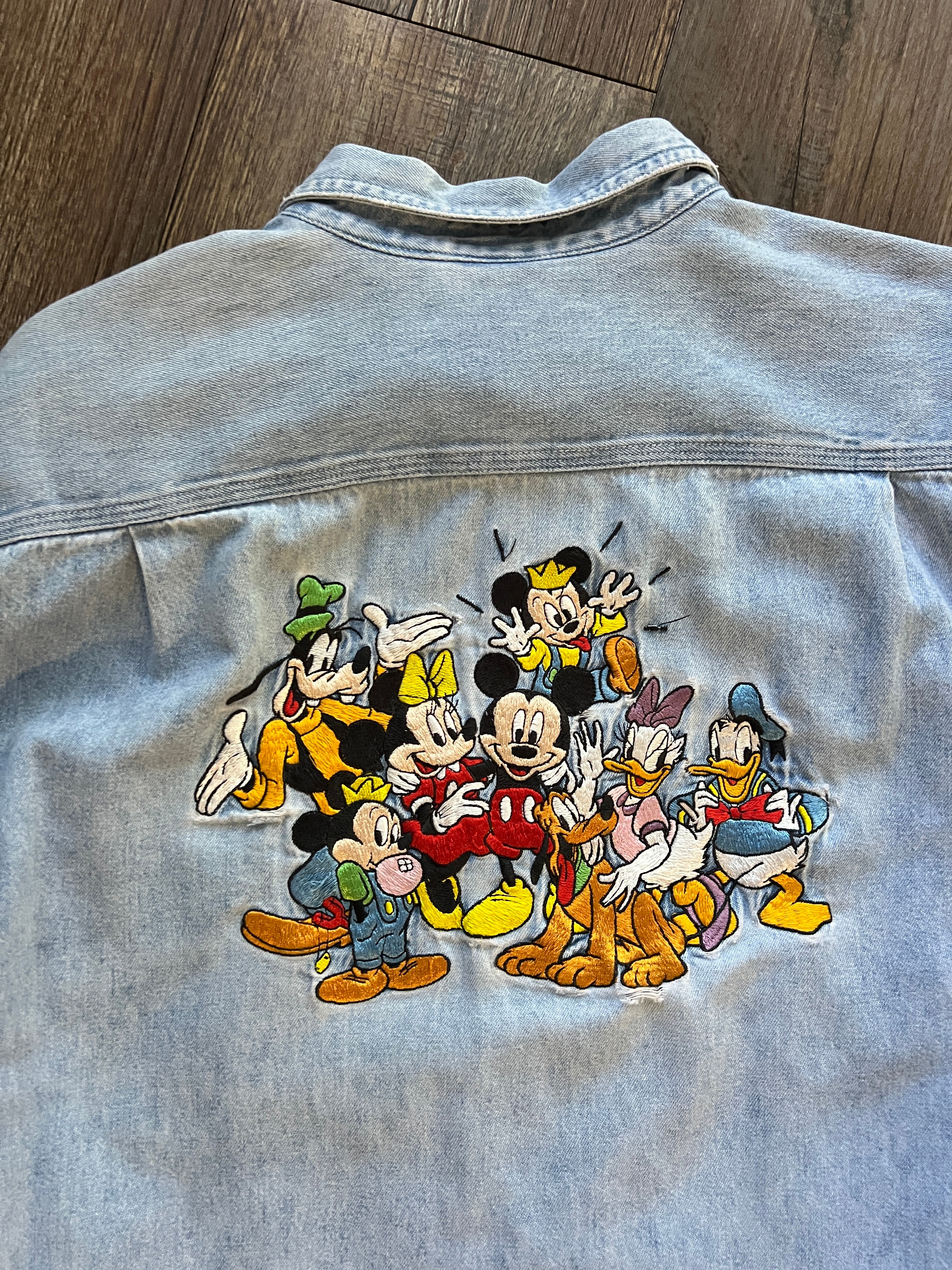 720 -Denim Embroidered Mickey & Friends Back Hit Button Up - L