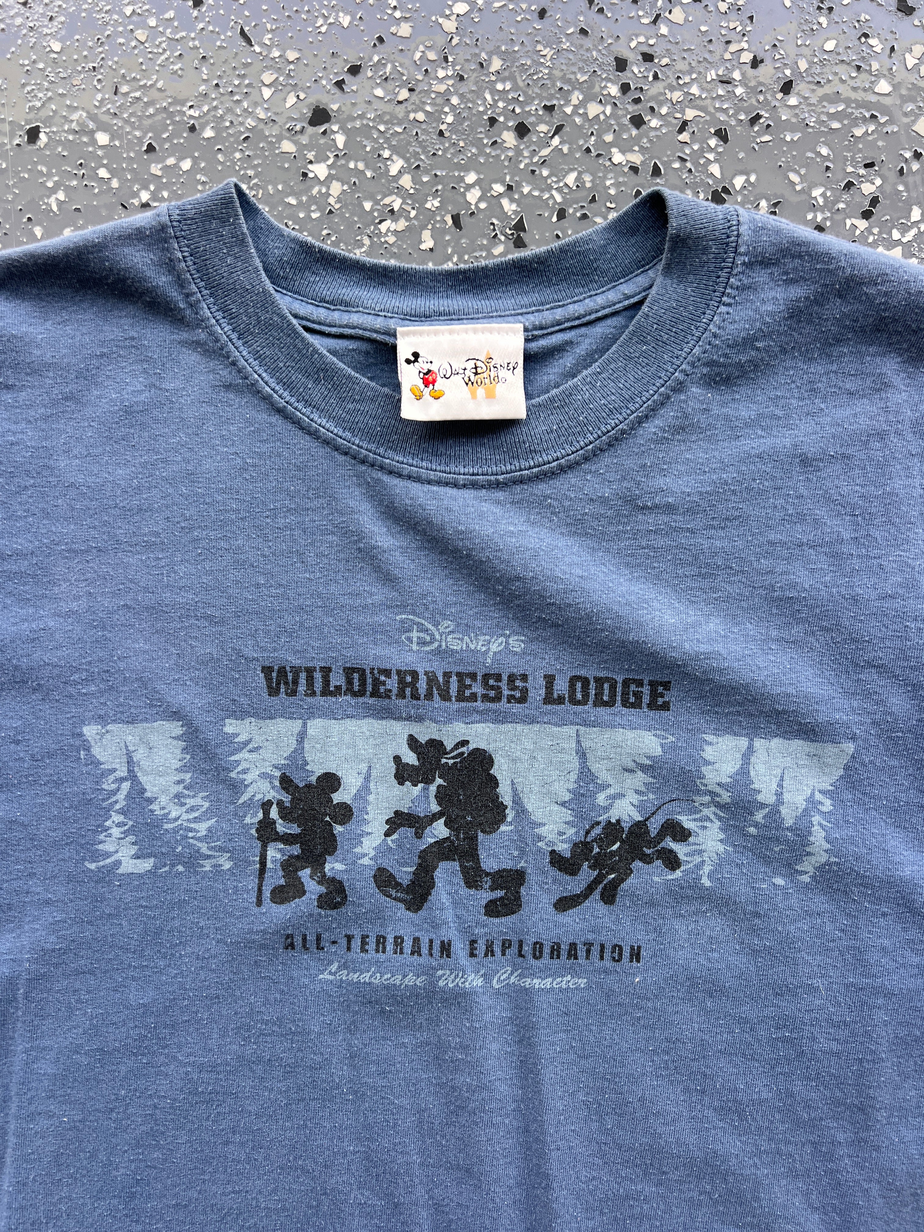 1434 - Navy Wilderness Lodge All-Terrain Exploration Mickey, Goofy, Pluto Tee - NT/M
