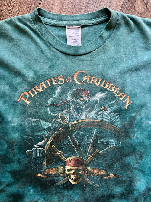 1226 -Teal & Black Tie-Dye Pirates of the Caribbean Skeleton Steering Ship Shirt - YXL