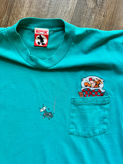 1228 -Green Embroidered Sleeping Tigger Alarm Clock Shirt - L/XL
