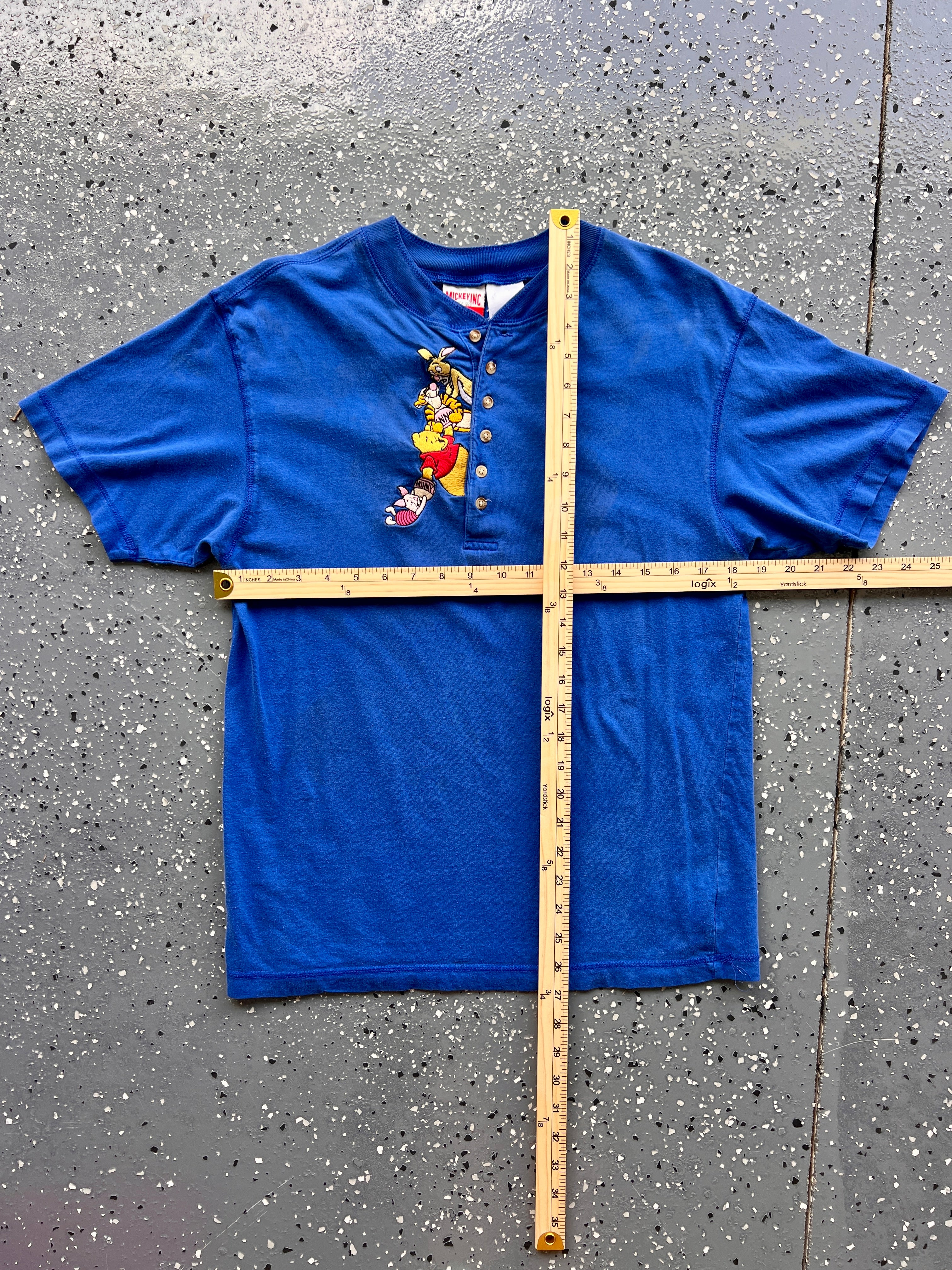 1437 - Blue Embroidered Hundred Acre Wood Swinging Piglet Henley - M