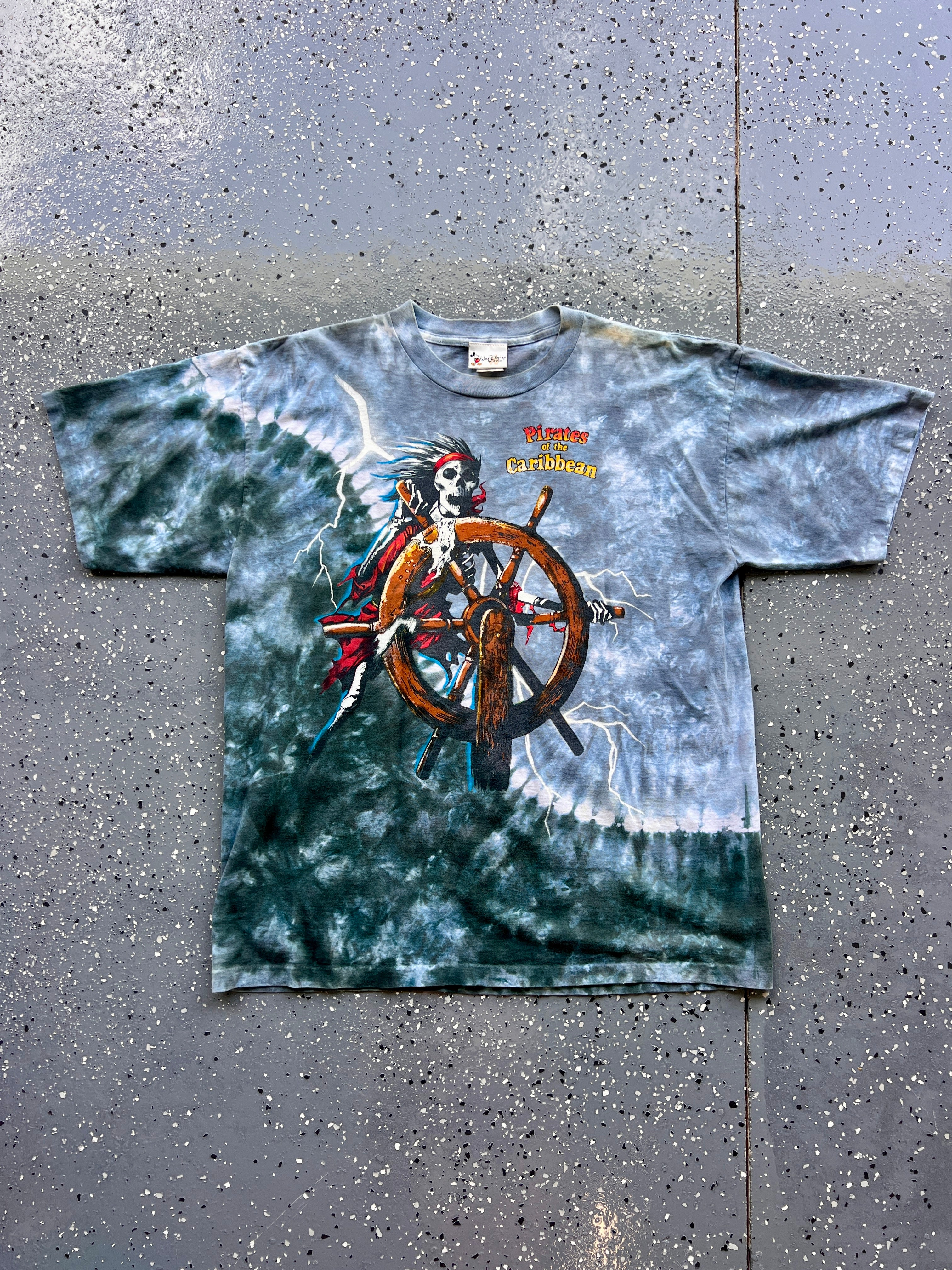 1440 - Grey Tie-Dye Pirates of the Caribbean Lightning Skeleton Sailor Tee - XL