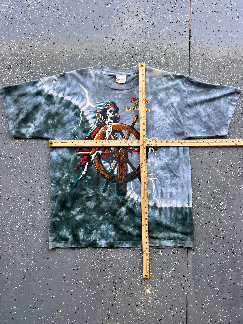 1440 - Grey Tie-Dye Pirates of the Caribbean Lightning Skeleton Sailor Tee - XL