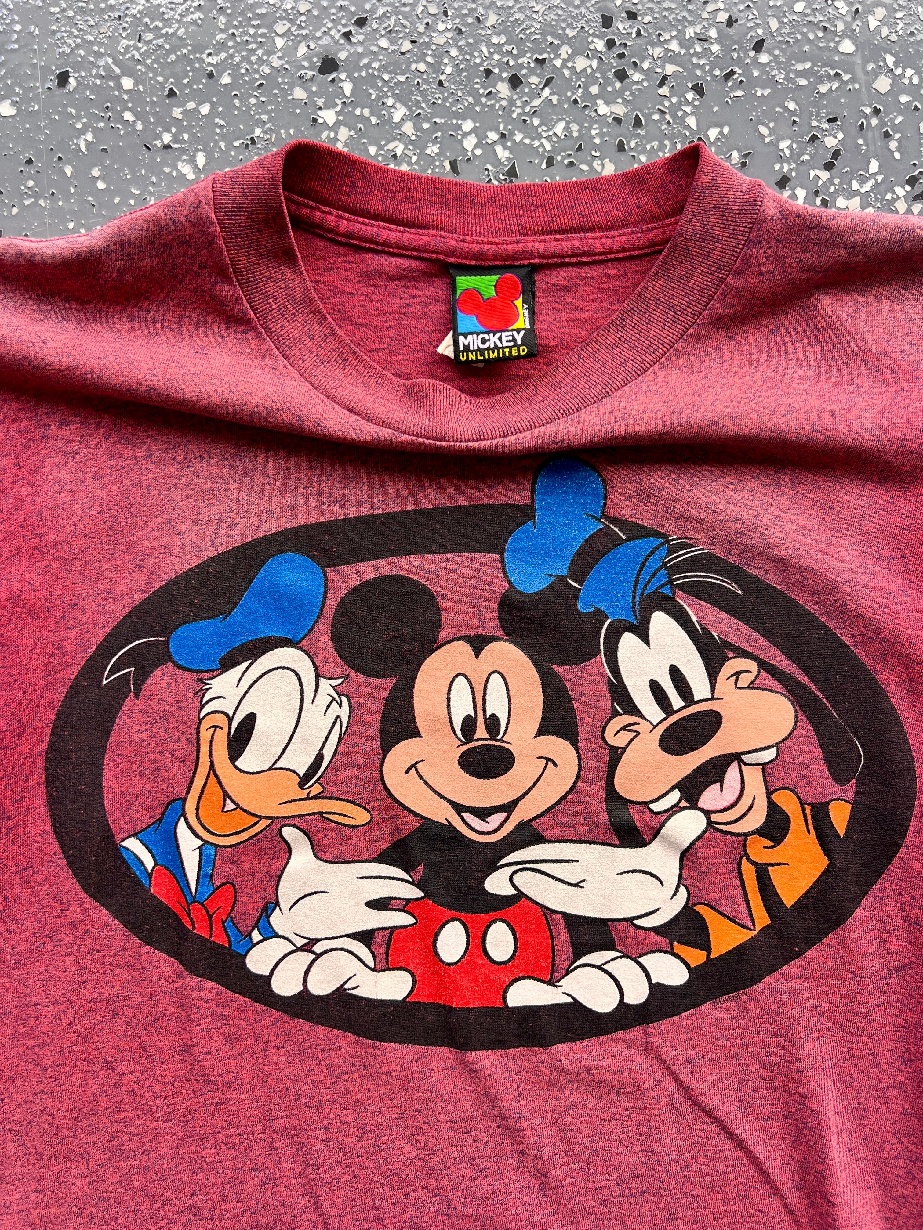 1428 - Burgundy Washed Mickey, Goofy, & Donald Tee - M
