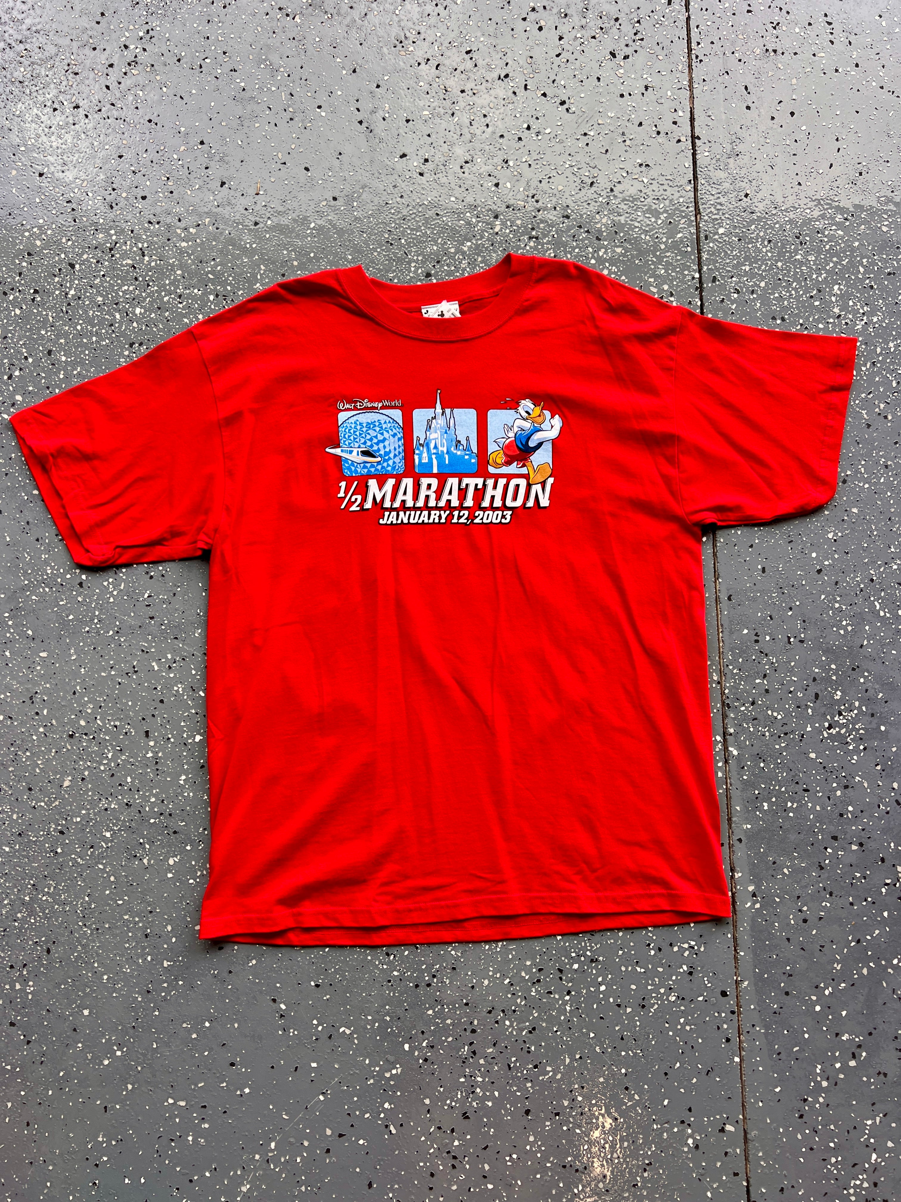 1442 - NWT Red 2003 WDW Run Your Tail Feathers Off Half Marathon Tee - L