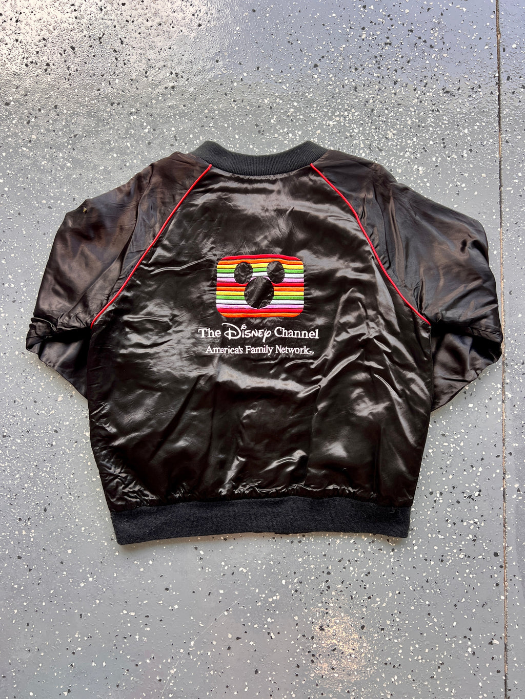 1451 - Black Satin Embroidered The Disney Channel Bomber - XL