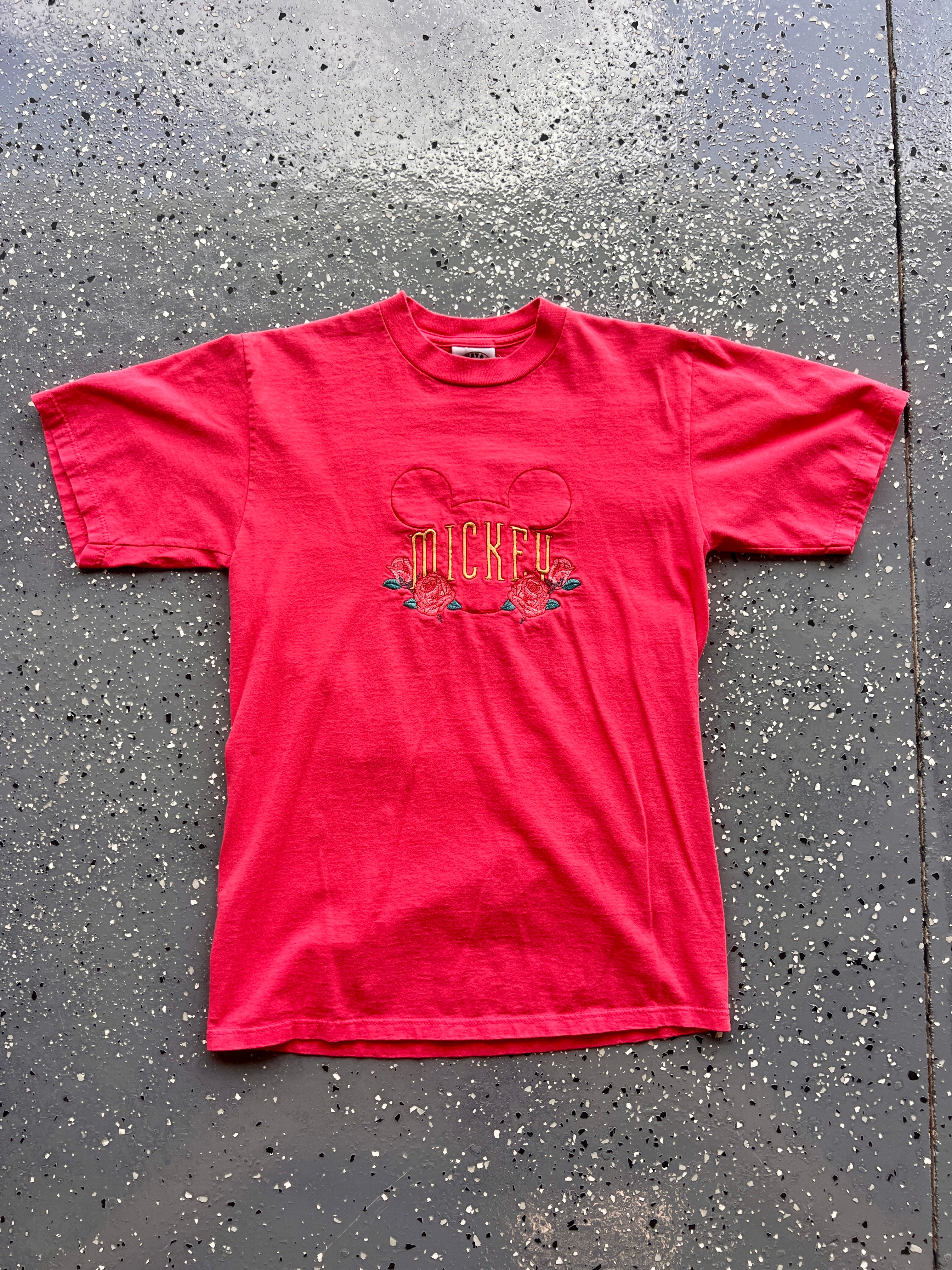 1469 - Red Embroidered Floral Mickey Head Tee - M