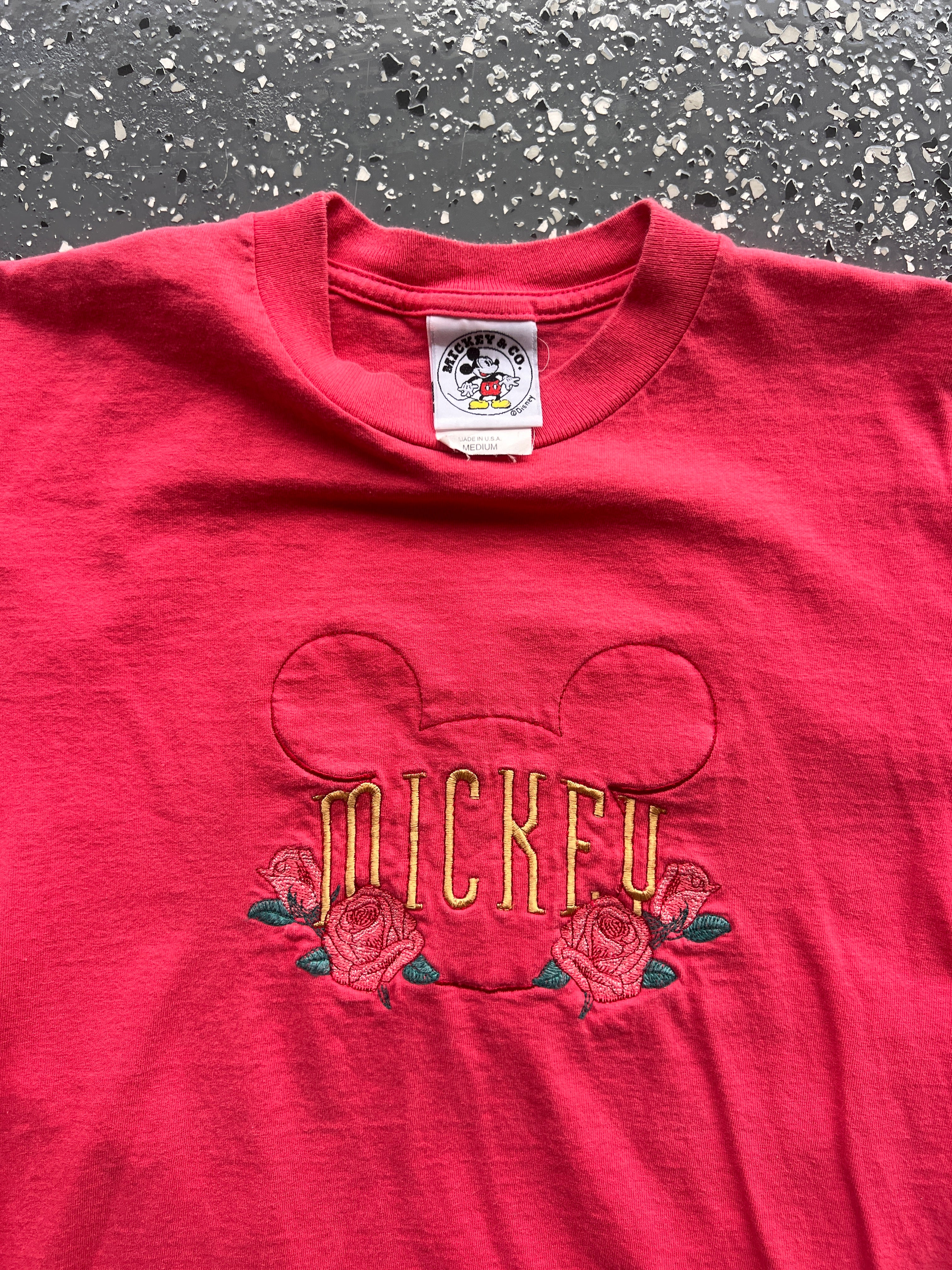 1469 - Red Embroidered Floral Mickey Head Tee - M
