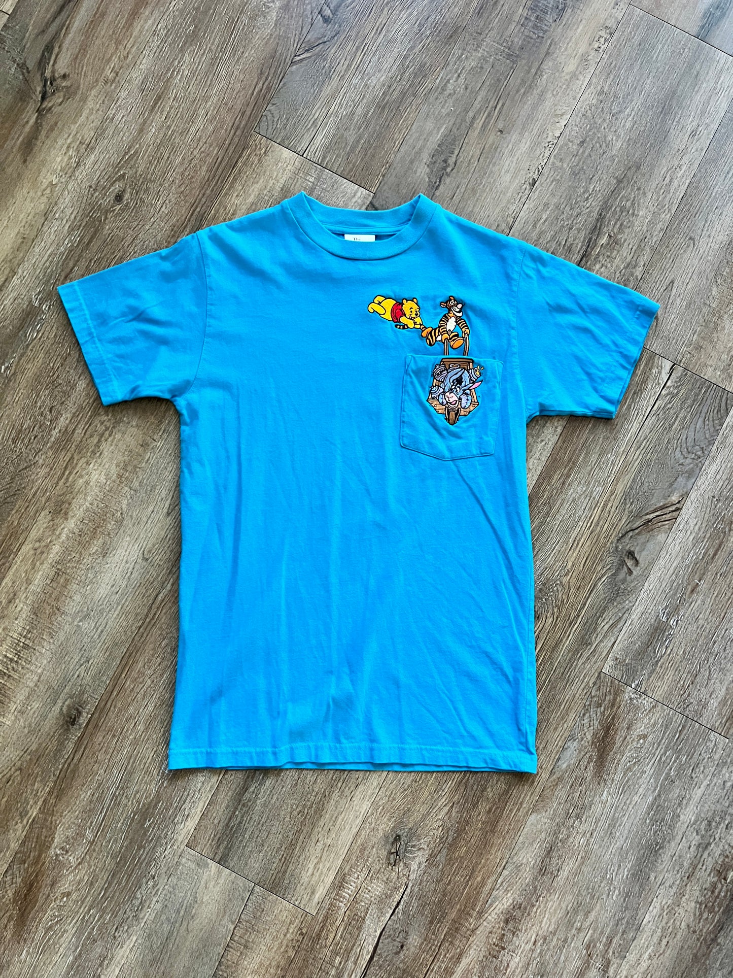 816 -Blue Embroidered Tigger, Pooh, & Eeyore Wheelbarrow Tee - S