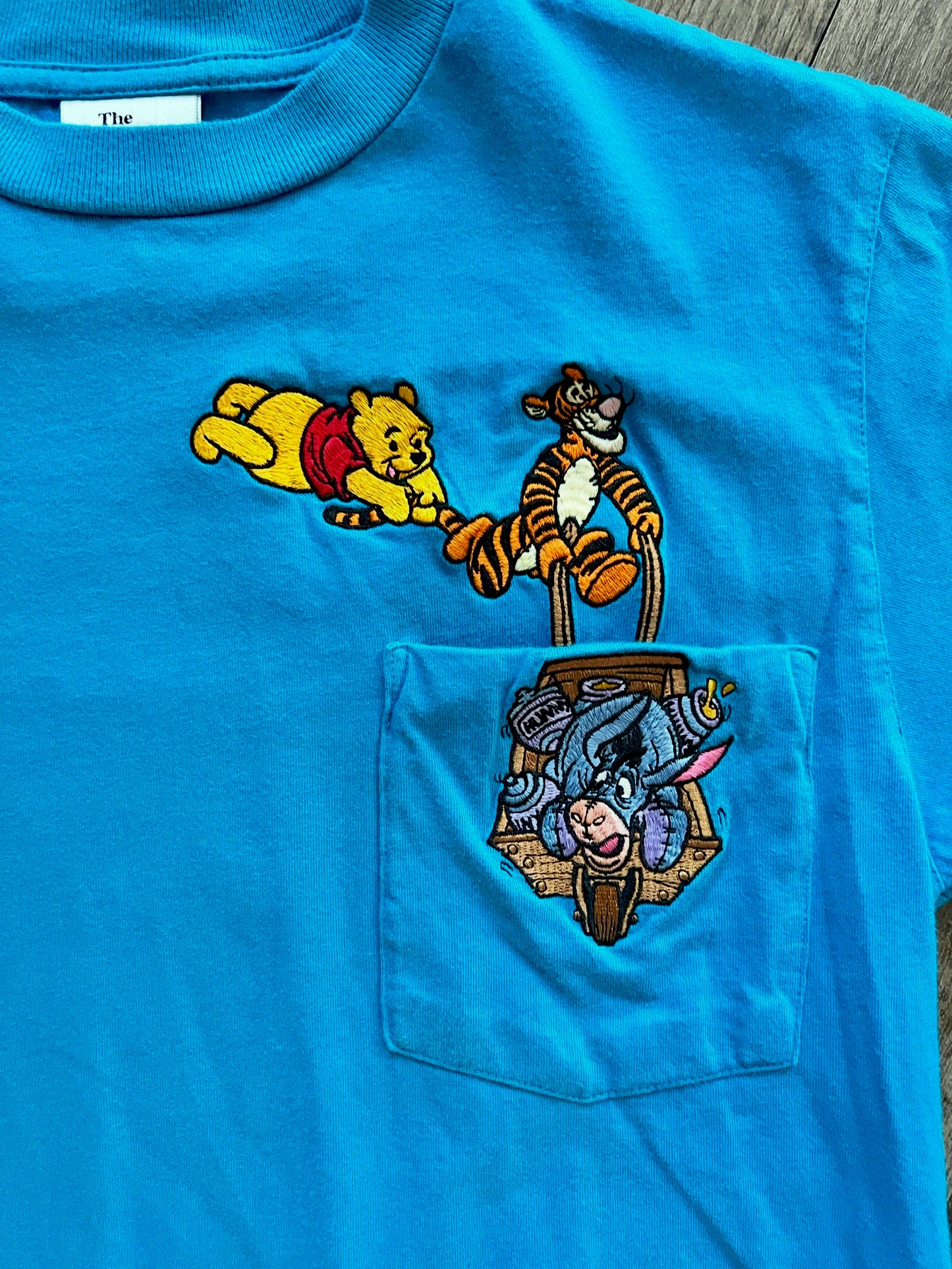 816 -Blue Embroidered Tigger, Pooh, & Eeyore Wheelbarrow Tee - S