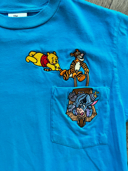 816 -Blue Embroidered Tigger, Pooh, & Eeyore Wheelbarrow Tee - S