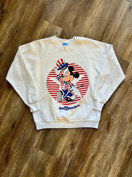 786 -Red, White, & Blue Striped Star Spangled Mickey Crewneck - L