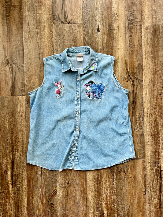 245 -Denim Eeyore Tail & Piglet Flower Sleeveless Button Up - XL