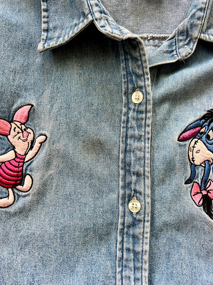 245 -Denim Eeyore Tail & Piglet Flower Sleeveless Button Up - XL