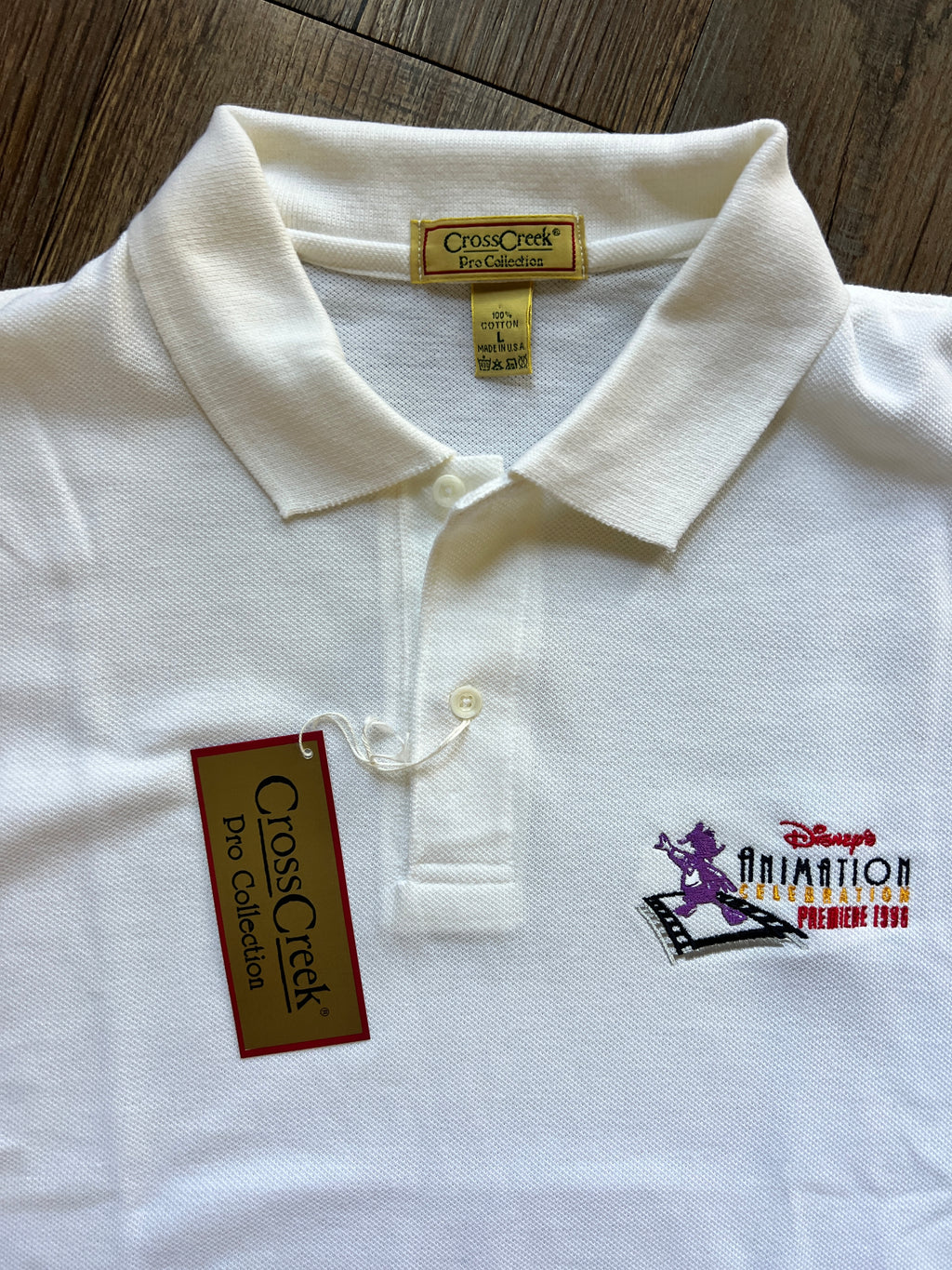 1239 -NWT White 1998 Disney Animation Celebration Premiere Polo - L