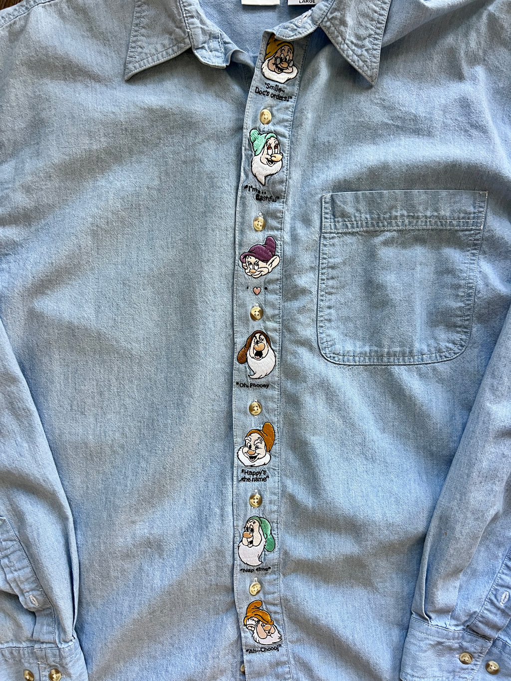 1256 -Denim Embroidered Seven Dwarfs Button Down - L