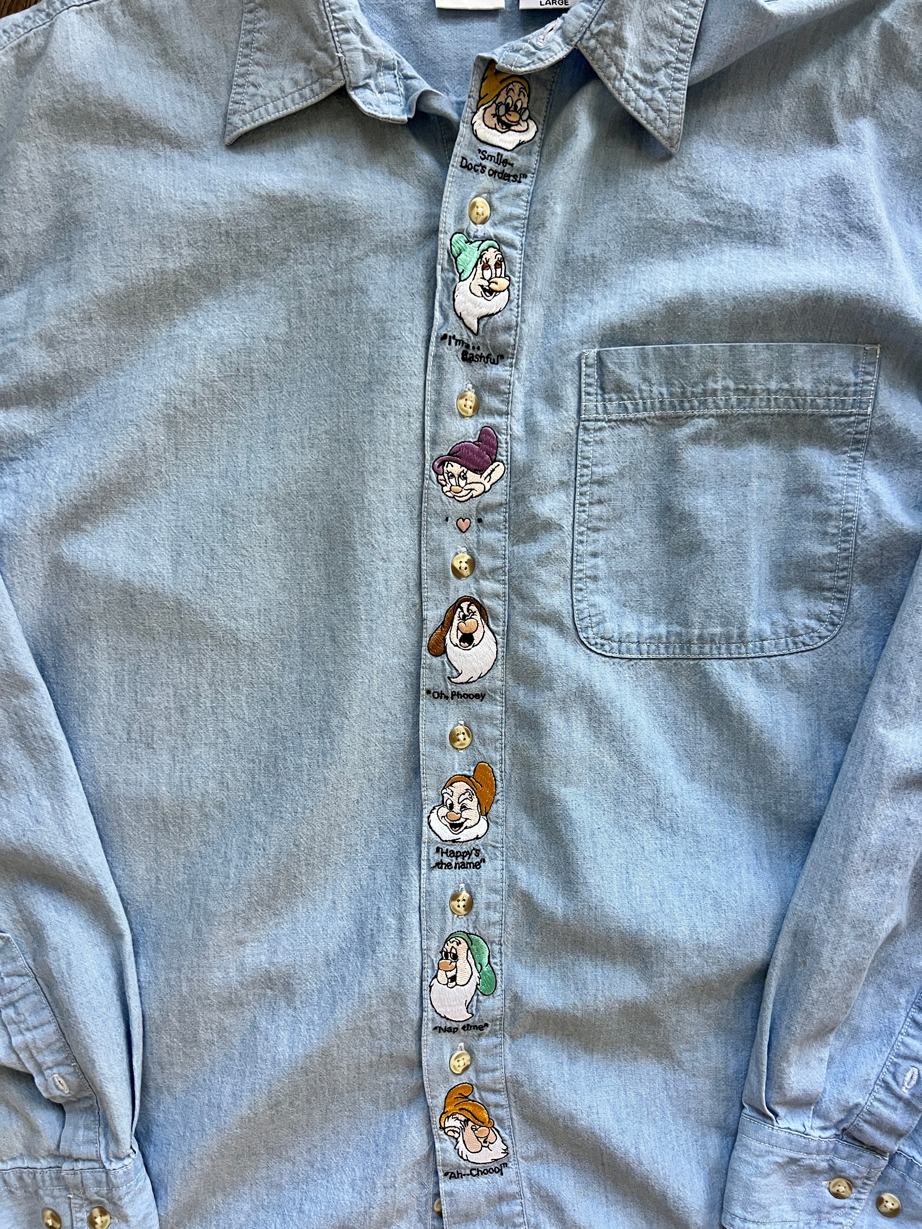 1256 -Denim Embroidered Seven Dwarfs Button Down - L